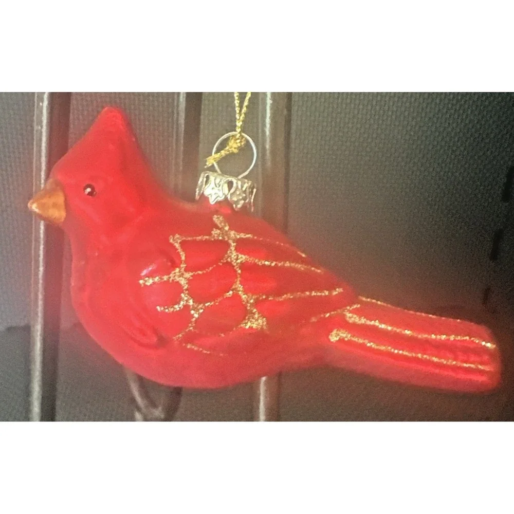 Vintage Beautiful Red Glass W/Gold Glitter Cardinal Bird Christmas Ornament